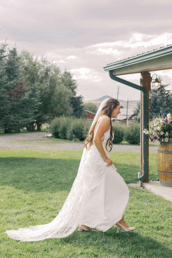 Bride walking at Hart Ranch in Bozeman Montana.