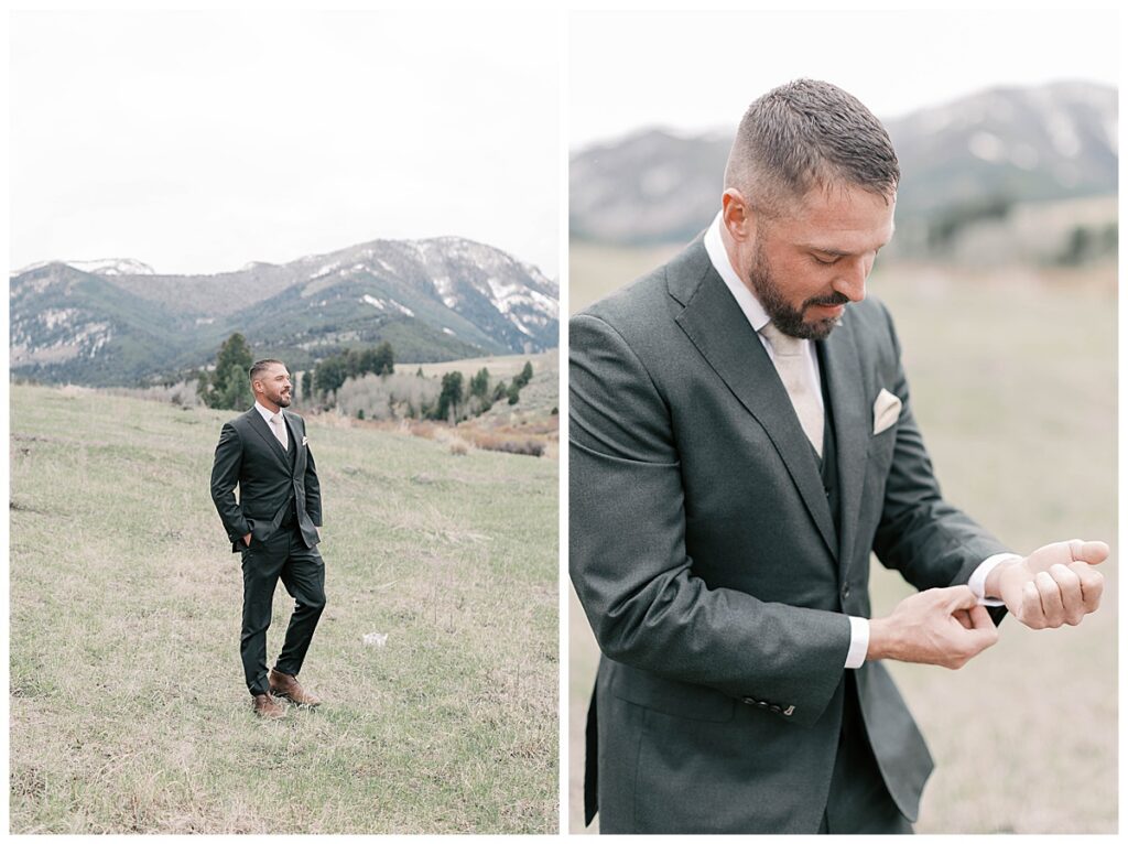 Groom formal portraits before micro wedding in Gardiner Montana.
