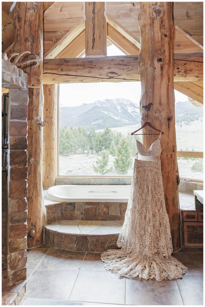 Wedding dress hanging at airbnb in Gardiner montana.