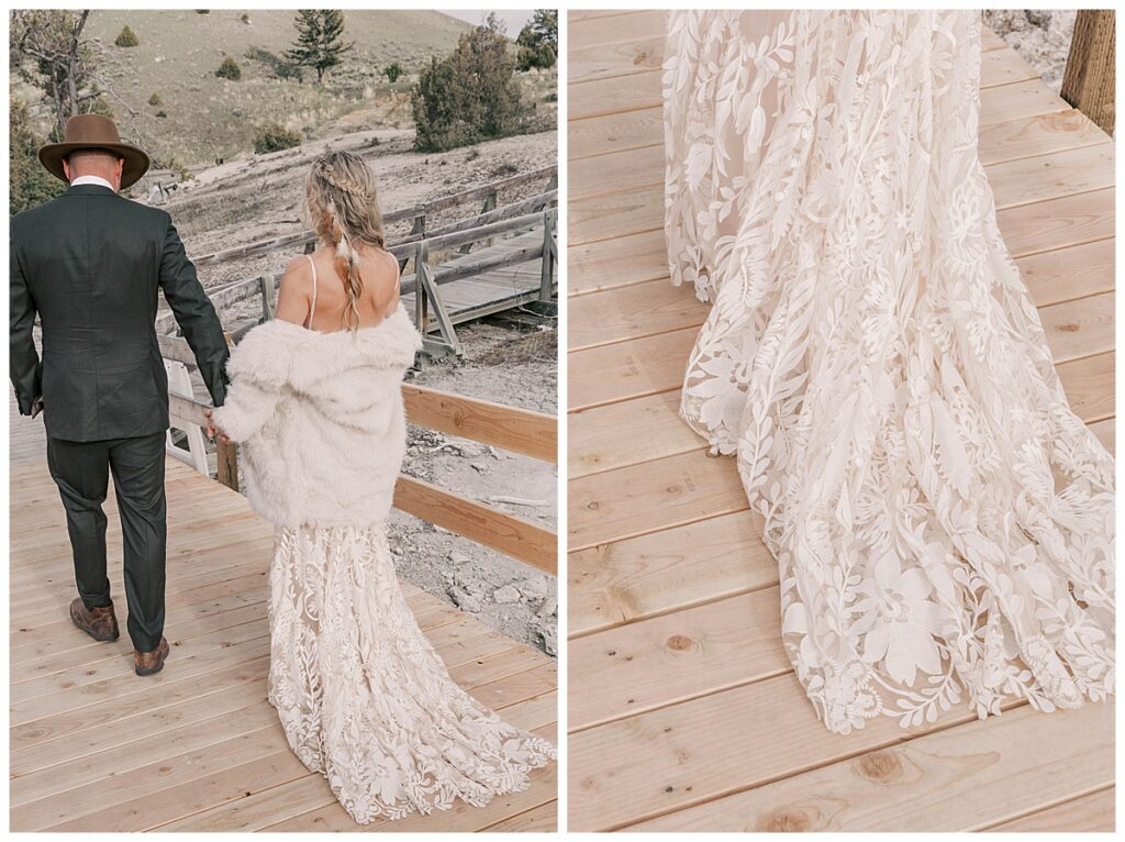 Bride and groom walking for photographs in Mammoth Montana.
