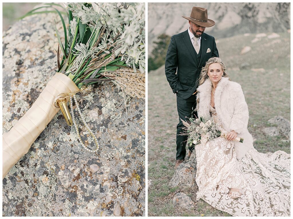 Elegant wedding portraits in Yellowstone national park.