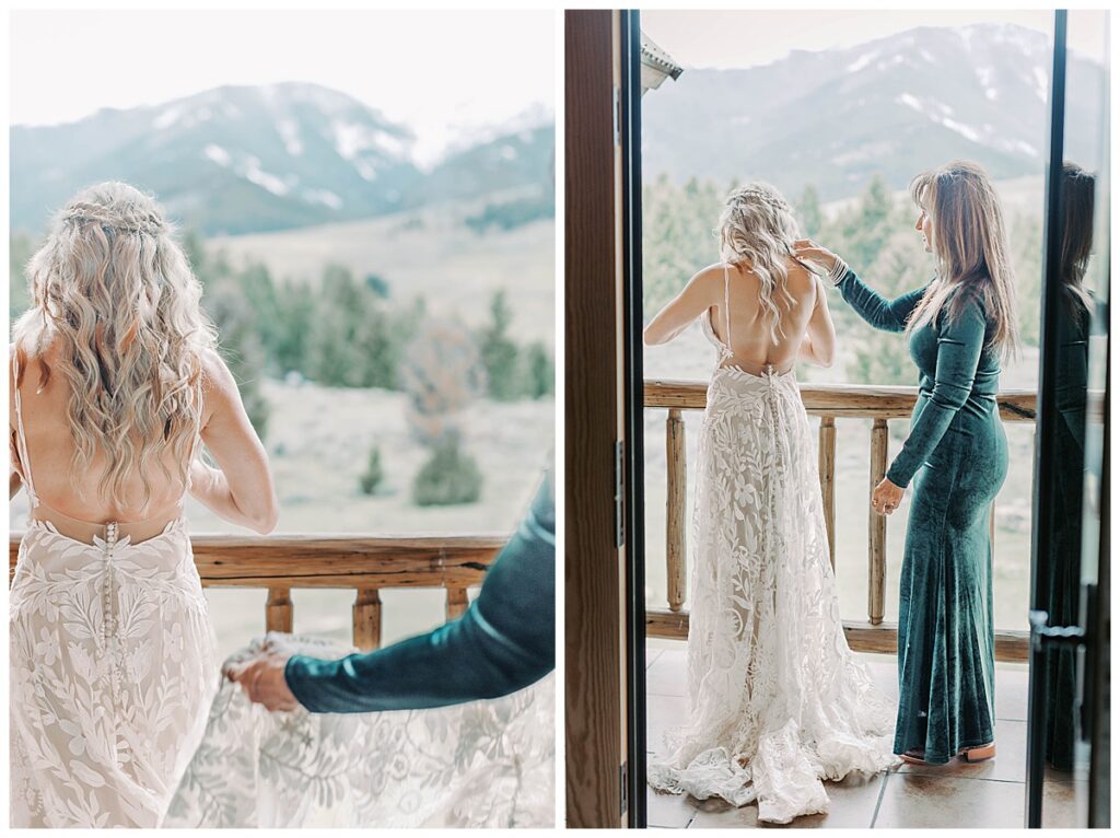 Mother of the bride helping her get ready before Gardiner wedding.