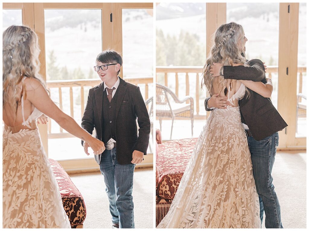 Mother and son first look on wedding day in Gardiner.