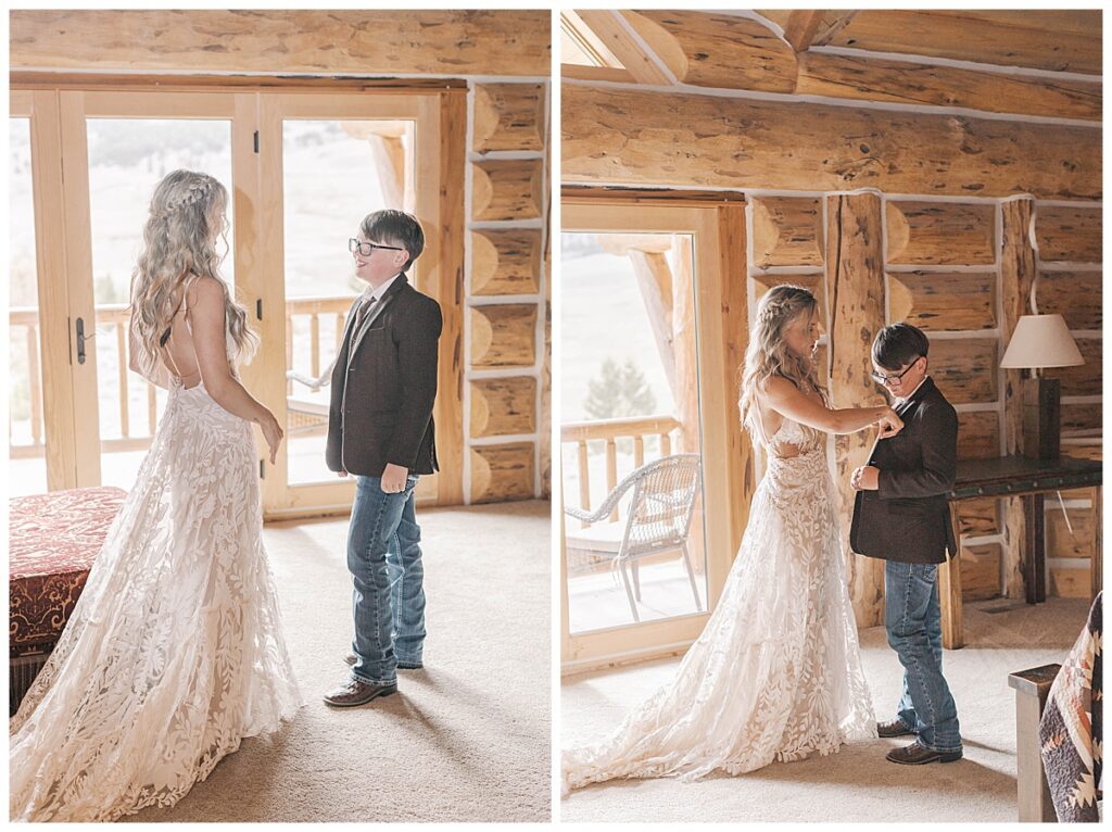 Mother son first look before ceremony in Gardiner Montana.
