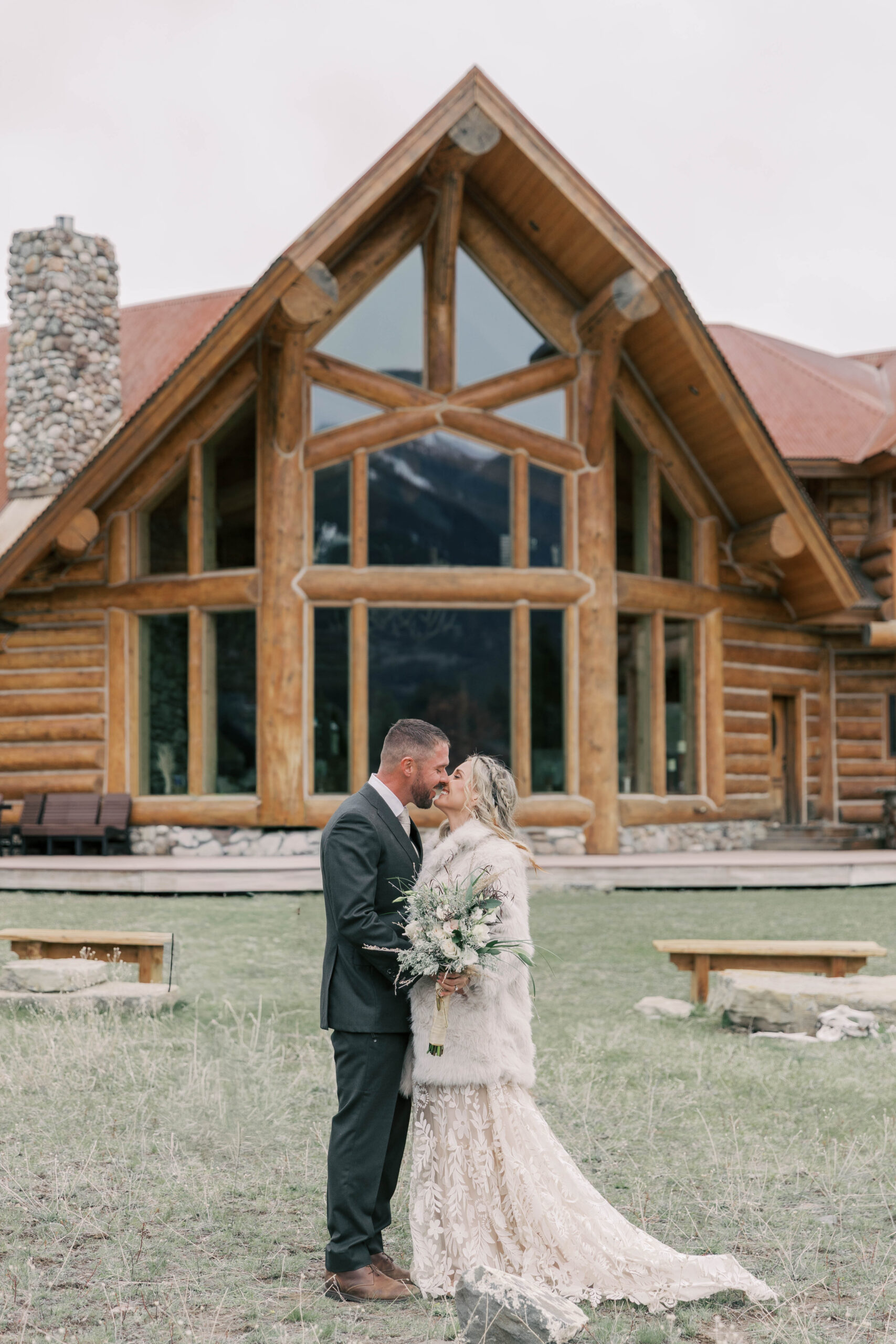 Beautiful Montana wedding ceremony at an airbnb cabin.
